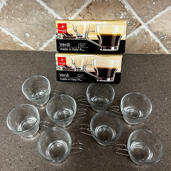 Lot of 8 NIB Bormioli Rocco Verdi Espresso Cups 3.5oz Glass Steel Handles - Picture 3 of 8